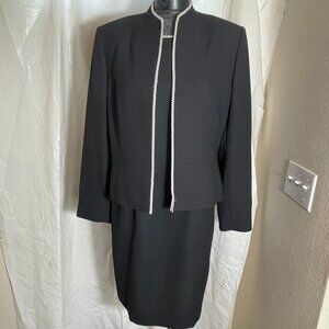 Kasper 2 Piece Black Sleeveless Sheath Dress & Jacket Suit Size 14P Pearl Edge